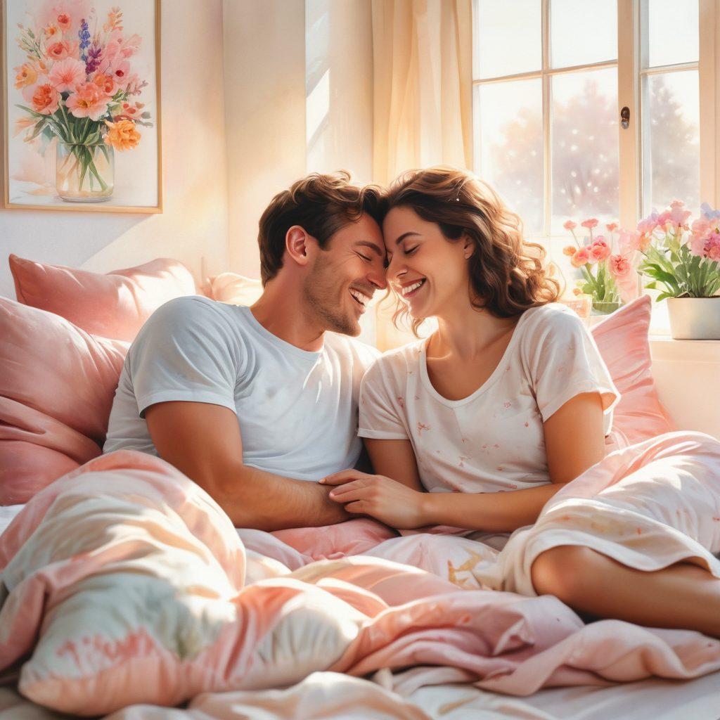 A warm, cozy scene of a couple sharing a tender moment in a sunlit room filled with soft pillows and flowers. They are laughing and exchanging small tokens of affection, embodying the essence of passion and kindness. The background features light pastel colors, symbolizing love and warmth. Artistic elements like heart motifs and gentle light rays enhance the romantic atmosphere. watercolor painting. soft focus. warm tones.