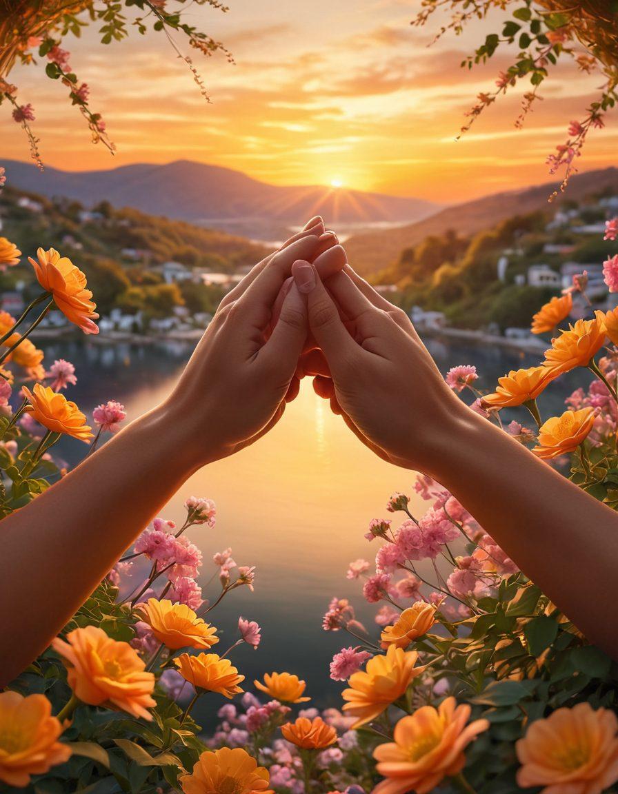 A serene scene of two intertwined hands surrounded by blooming flowers, symbolizing love and intimacy. In the background, a picturesque sunset casts warm golden hues, illustrating warmth and devotion. Soft glowing lights float around, enhancing the sense of magic in the moment. The composition mirrors the themes of connection and affection. vibrant colors. super-realistic. romantic atmosphere.