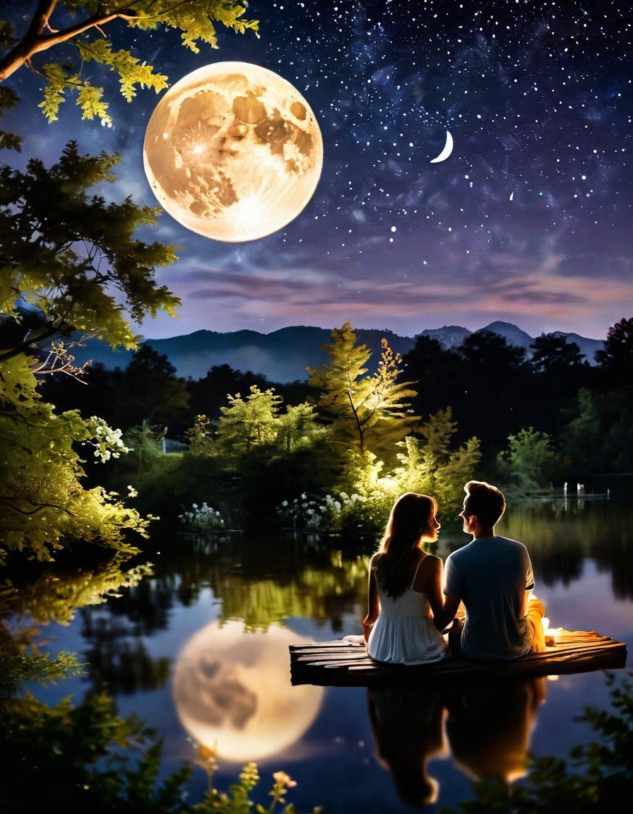 A romantic scene depicting a couple engaging in an intimate conversation under a starlit sky, surrounded by soft candlelight and lush greenery. The couple appears deeply connected, smiling and sharing a heartfelt moment, while gentle blossoms float in the air. The background includes a serene landscape with a glowing full moon reflecting on a tranquil lake. soft focus, warm colors, dreamy ambience.